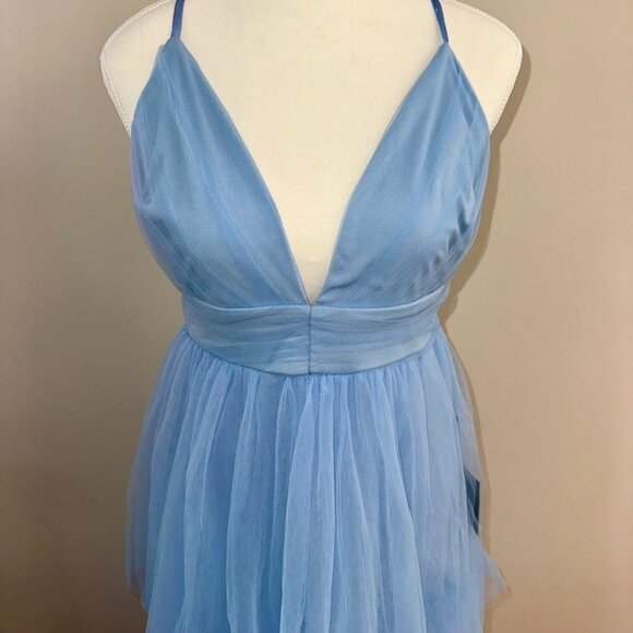 NWT Lulus Charming Glamour Light Blue Tulle Sleeveless Tiered Maxi Dress - Picture 3 of 11